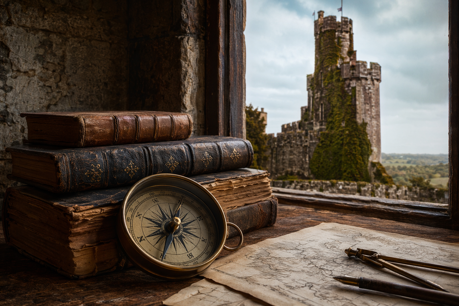 Libros antiguos y brújula junto a un castillo europeo